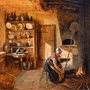 a woman tending a fire in a thatched cottage