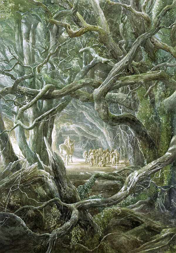 illustration of Gandalf and hobbits in a forest