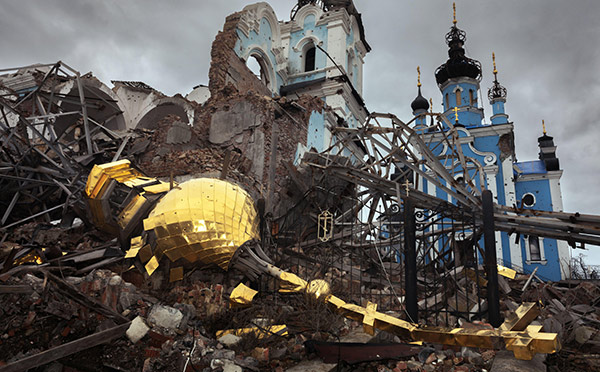 ruins of a destroyed church in Ukraine