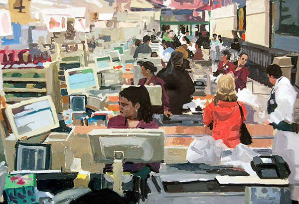 painting of cashiers at a grocery store