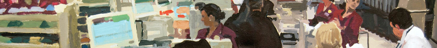 painting of cashiers at a grocery store