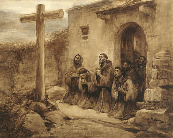 Saint Francis and his brothers pray before the cross