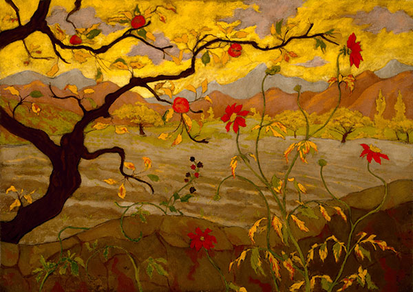 painting of an apple tree by a field