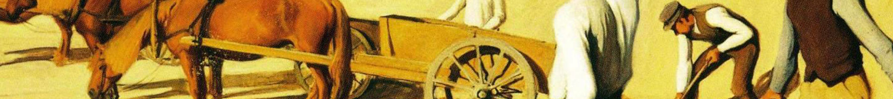 men working with horses in a sandpit