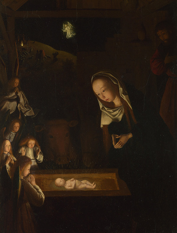 Mary and angels worshipping Jesus lying in a manger