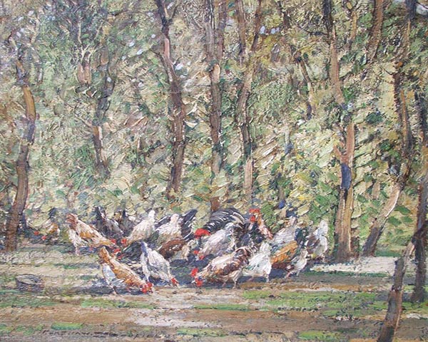 painting of chickens in the woods