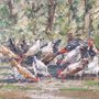 painting of chickens in the woods