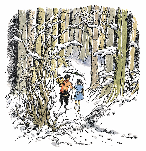 Mr. Tumnus the Faun with Lucy Pevensie illustration by British artist Pauline Baynes