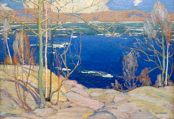painting of ice flows on a river in spring