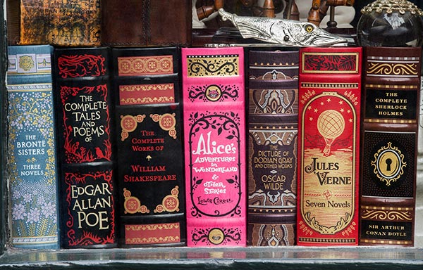 classic books lined up in a shop window