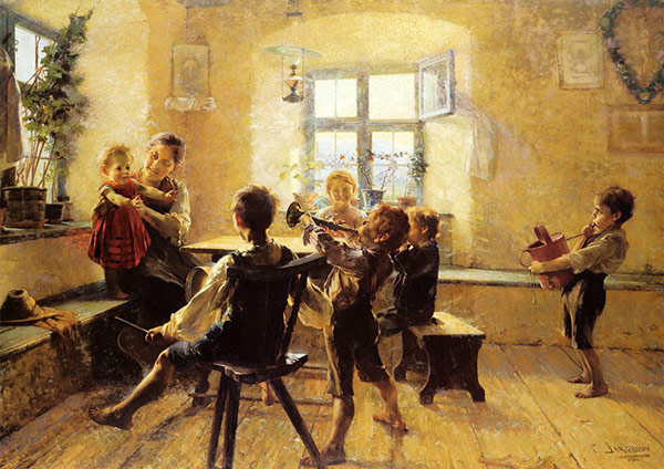 children playing an impromptu concert to a mother and baby