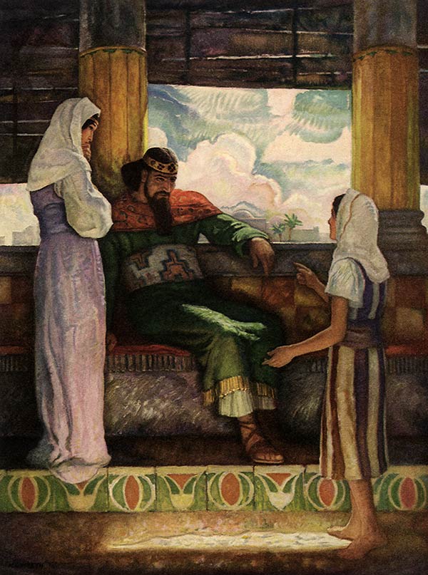 illustration of a slave girl talking to Naaman, an army commander