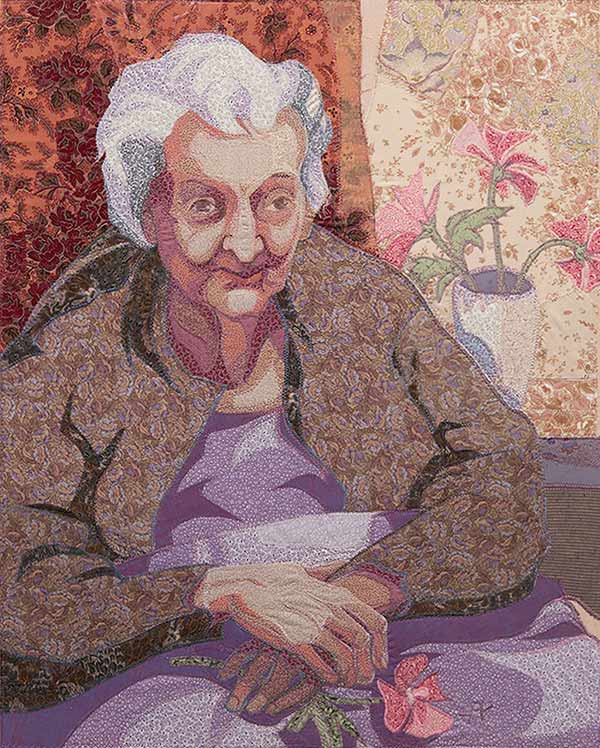 illustration of an old woman holding pink flowers