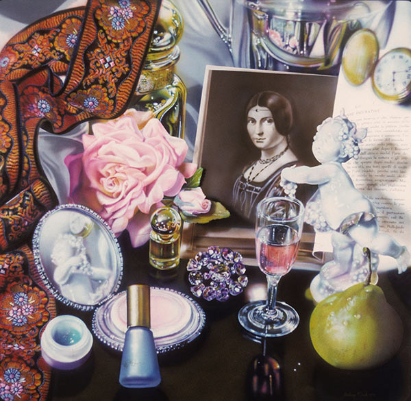 still life of trinkets, flowers and cosmetics