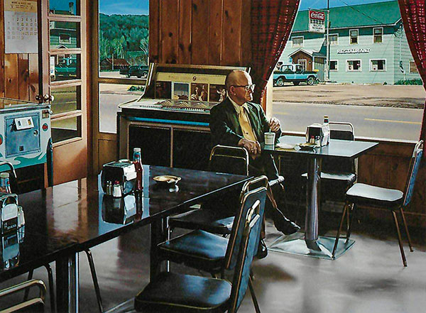 painting of a man sitting in a diner