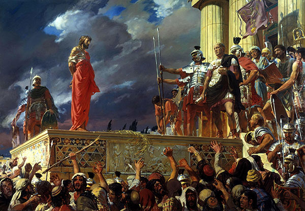 crowd and Roman soldiers shouting at Jesus