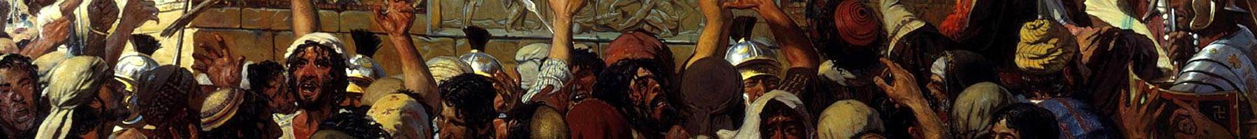 crowd and Roman soldiers shouting at Jesus