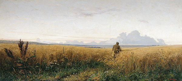 painting of a man walking through a field of rye