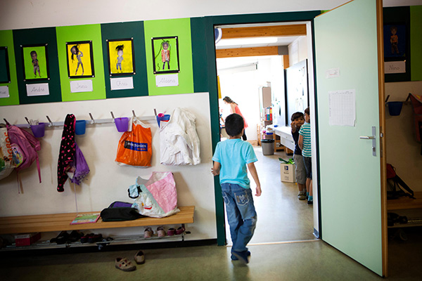 open door to an elementary school classroom