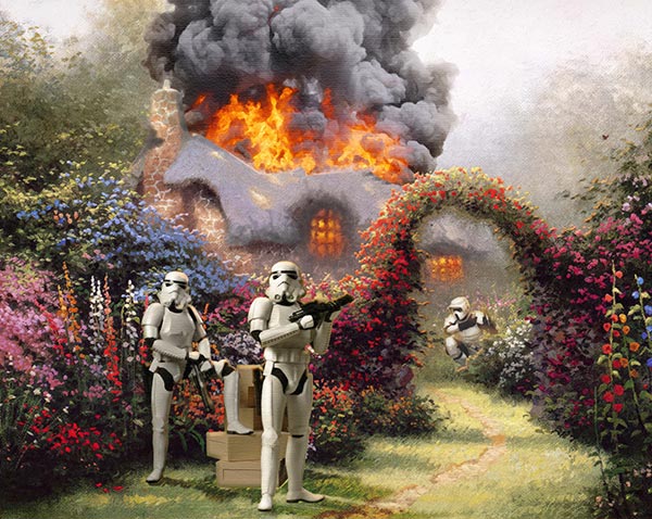 stormtroopers in front of an idyllic flower covered garden