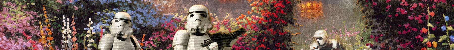 stormtroopers in front of an idyllic flower covered garden