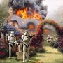 stormtroopers in front of an idyllic flower covered garden