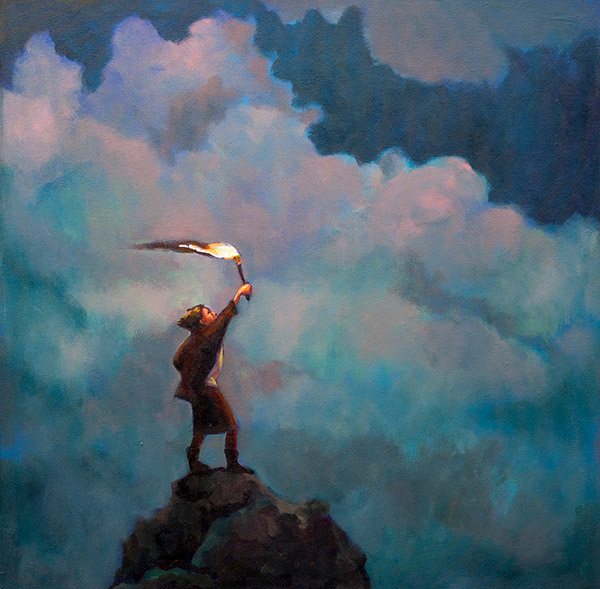 painting of a woman holding a torch at the top of a mountain