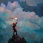 painting of a woman holding a torch at the top of a mountain
