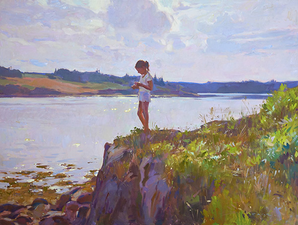painting of a young girl exploring by a river
