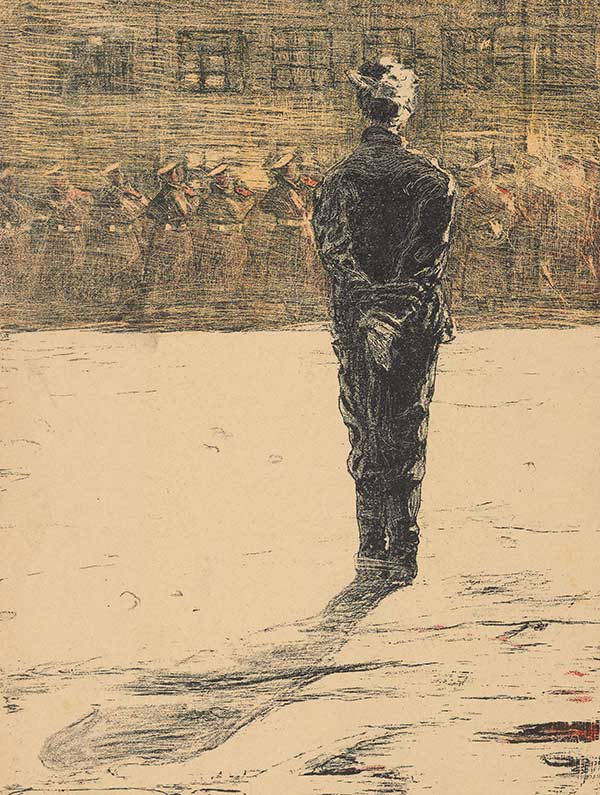 illustration of a man standing before a firing squad