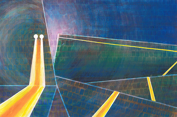 painting of yellow lines on a green and blue background