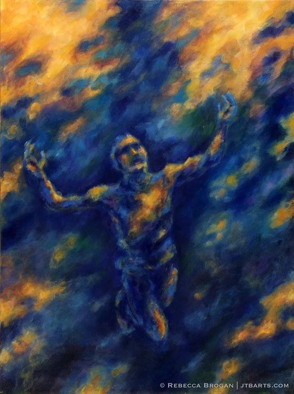 painting of a kneeling man with outstretched arms