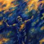 painting of a kneeling man with outstretched arms
