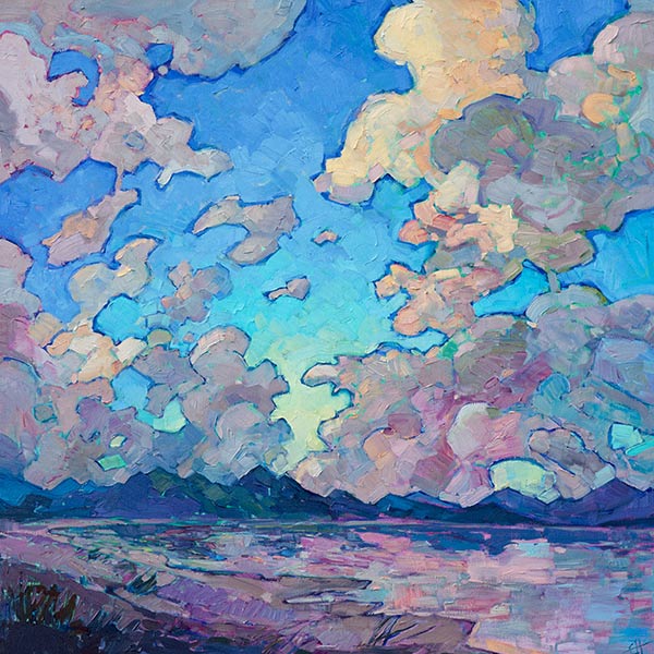 painting of clouds over a mountain range