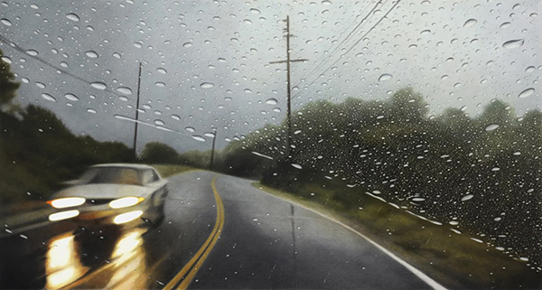 illustration of rain covered windshield on a country road