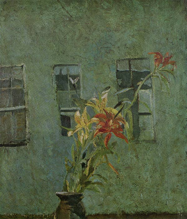 painting of lilies on a windowsill