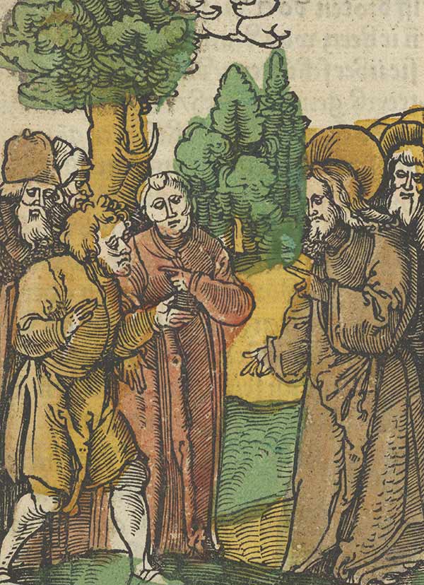 woodcut illustration of Jesus talking to Pharisees