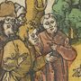 woodcut illustration of Jesus talking to Pharisees
