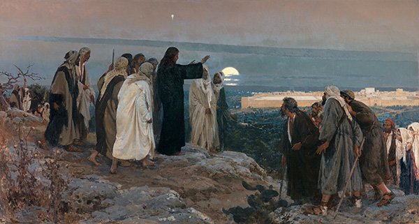 painting of Jesus and his disciples above Jerusalem