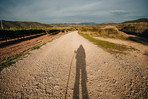 shadow of a pilgrim on a dusty road