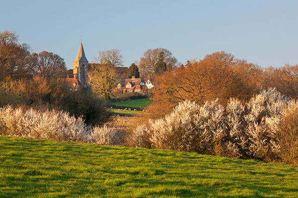 English church in surrounded by farm