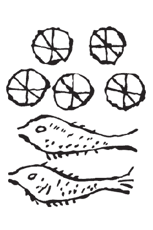 Early christian symbol of loaves and fishes.