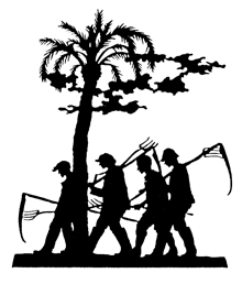 scissor cut of farmers returning home with scythes over their shoulders