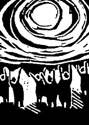 black and white illustration of people and a sun