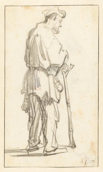 Drawing of a beggar leaning on a cane by Rembrandt