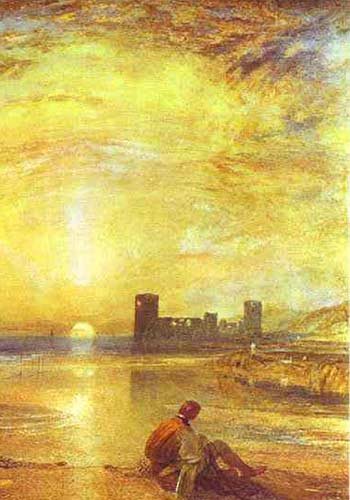 Flint Castle by Joseph Mallord William Turner: watercolor painting of a castle silhouetted against the gold sunset