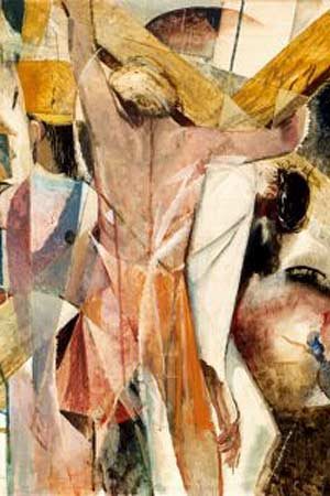 A modern art depiction of Simon of Cyrene helping carry Jesus' cross.
