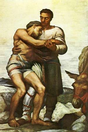 This depiction of the Good Samaritan by George Frederic Watts depicts a man in a rocky and desolate landscape helping an injured man to his feet.