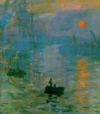 Detail from Claude Monet's painting, Sunrise, depicting fishermen in boats with an orange sun reflecting off the water.
