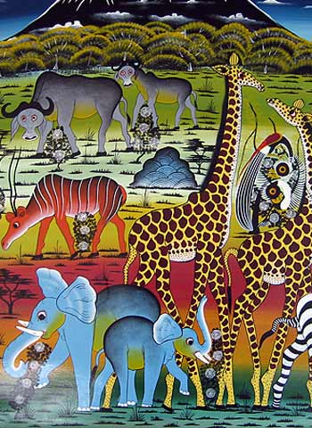 Amani - Tingatinga art African painting of elephants, zebra, giraffes and wildebeest